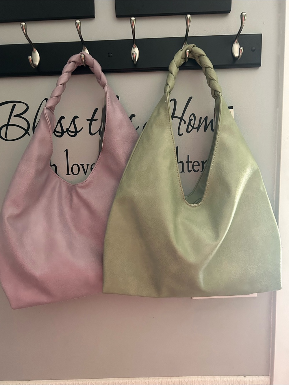 Two Women’s Braided Handle Hobo Bag - Pink and Sage Green